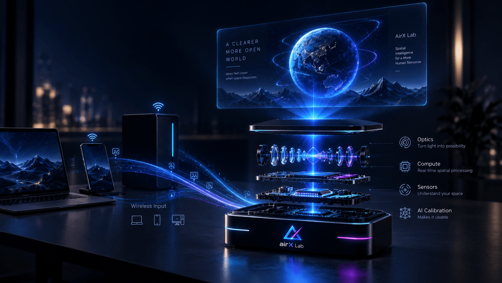 AirDock system showing wireless input, optics, compute, sensors, AI calibration, and floating output